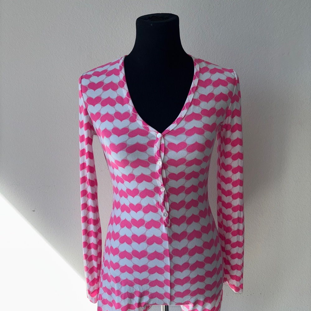 Pink & White Heart Print Button Romper